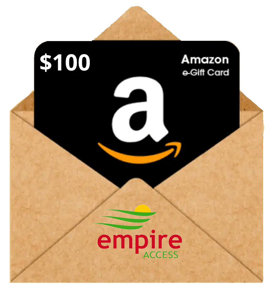 A $100 Amazon e-gift card is partially visible inside a brown envelope with the Empire Access logo on the front.