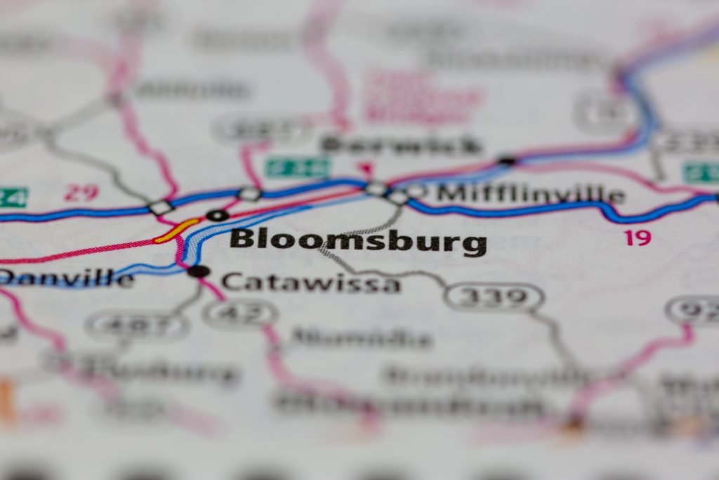 Close-up of a map showing Bloomsburg, featuring nearby locations like Berwick, Mifflinville, Danville, and Catawissa. Roads and route numbers detail the regional network as Empire Access expands its reach in this part of Pennsylvania.
