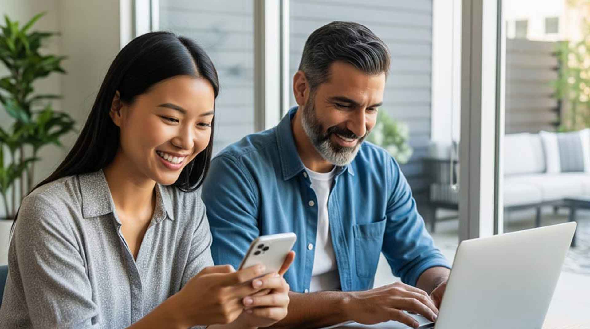 A man and woman sitting together at a table. The woman is looking at her phone while the man is using his laptop
