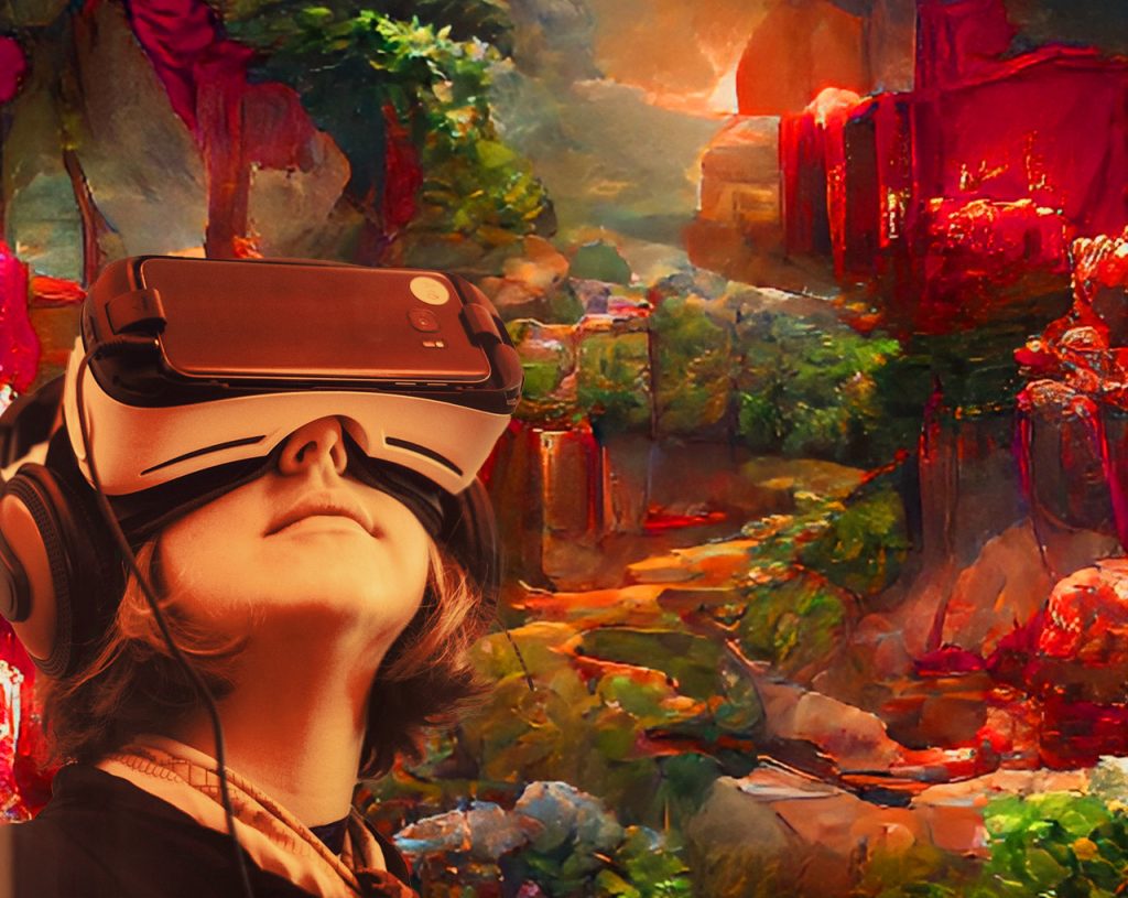 A person wearing a virtual reality headset appears immersed in a colorful, surreal landscape featuring vibrant reds, greens, and oranges. The virtual world envelops them as the headset covers their eyes, suggesting deep engagement with this captivating scene.