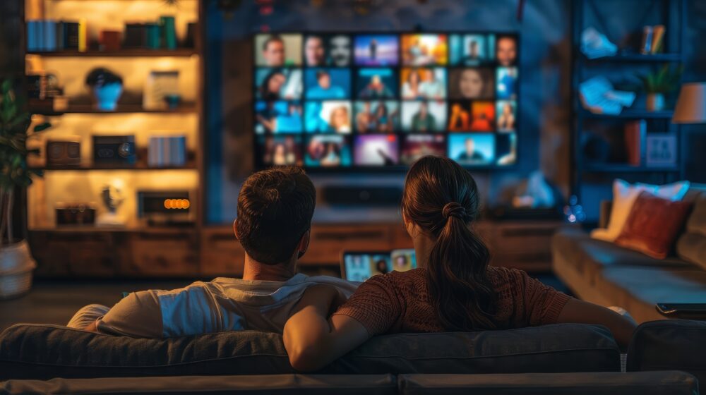A couple sits on a couch in a dimly lit living room, enjoying Empire Access Residential's seamless streaming on a large TV screen filled with movie thumbnails. Shelves lined with books and decorations in the background add to the cozy atmosphere.