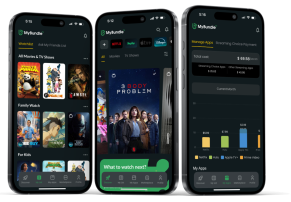 Three smartphones display the MyBundle app interface, showcasing Empire Access Residential features. Screens show a watchlist with various movies and TV shows, family and kids categories, options for what to watch next, and seamless streaming app payment management.