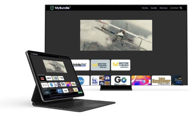 A tablet and TV display a streaming service interface with logos for various channels, including Empire Access Residential, and a scene of a vintage biplane flying in the sky. The MyBundle logo appears on both screens.