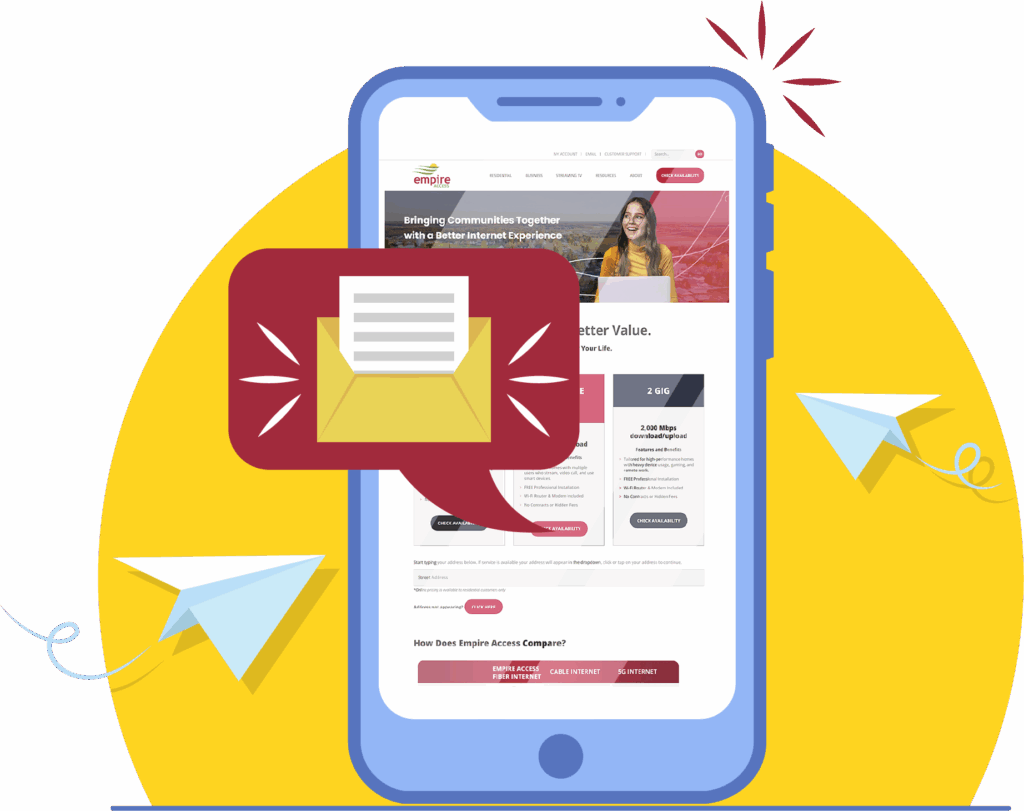 A smartphone displays a website, featuring a large email icon in front of the screen. Paper airplanes fly around the phone, symbolizing the Empire Access Referral Program, while a yellow semicircle forms the background.