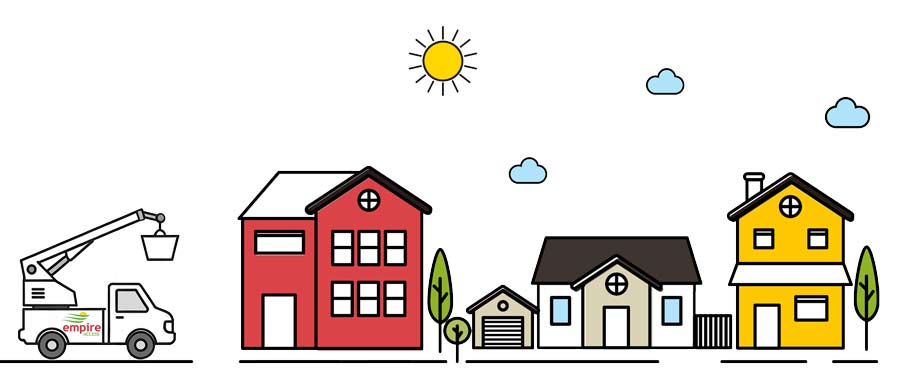 Illustration of a truck with a lift, three houses of different sizes, trees, small clouds, and a bright yellow sun in the sky. The truck has "empire" written on the side.