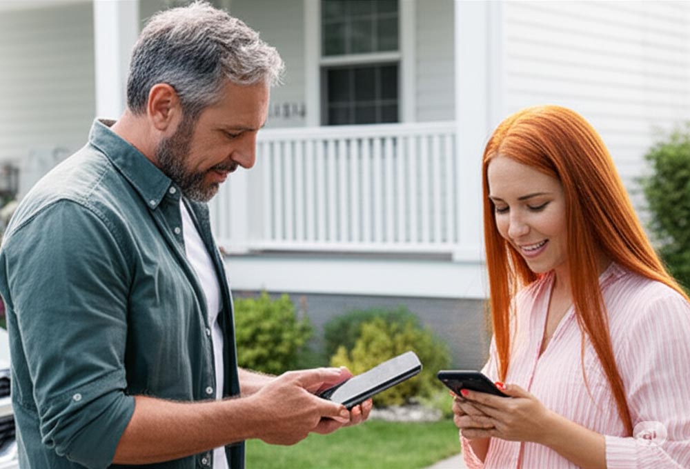 A man and a woman standing outside a house, both smiling and looking down at their smartphones, appearing engaged in a friendly conversation or activity.