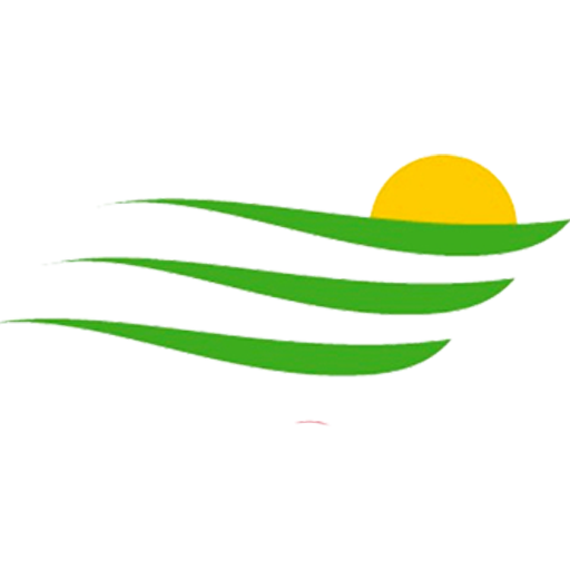 A simple illustration of a yellow sun rising or setting behind three green, wavy lines representing fields or hills, with one small red curve beneath them on a transparent background.