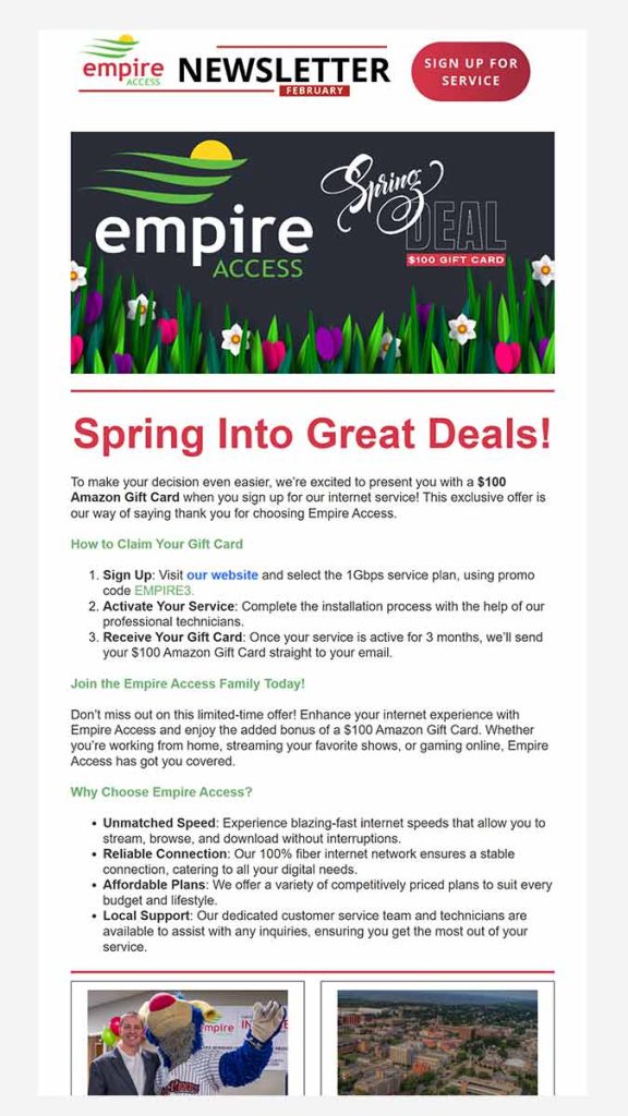 Partial image of the April 2025 email newsletter for Empire Access