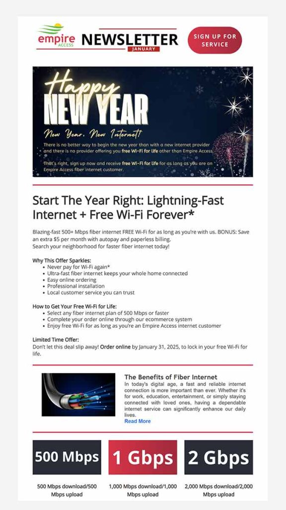 Partial image of the January 2025 email newsletter for Empire Access