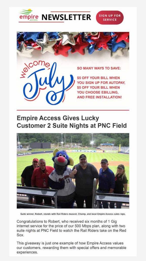 Partial image of the July 2025 email newsletter for Empire Access