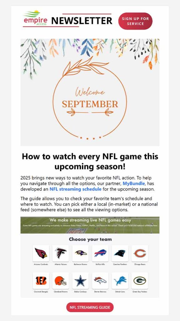 Partial image of the September 2025 email newsletter for Empire Access